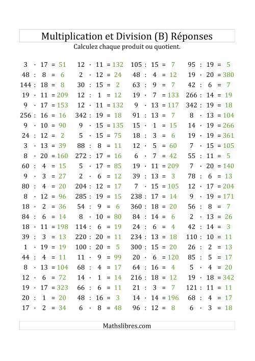 100 Questions sur la Multiplication/Division Horizontale de 1 à 20 (B) page 2