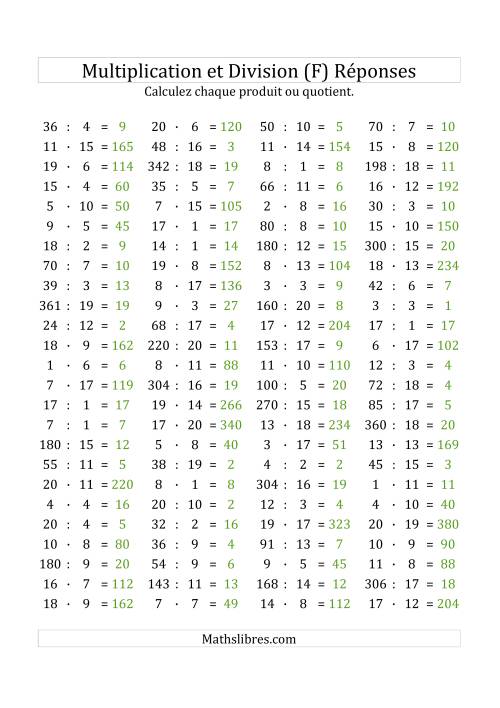 100 Questions sur la Multiplication/Division Horizontale de 1 à 20 (F) page 2