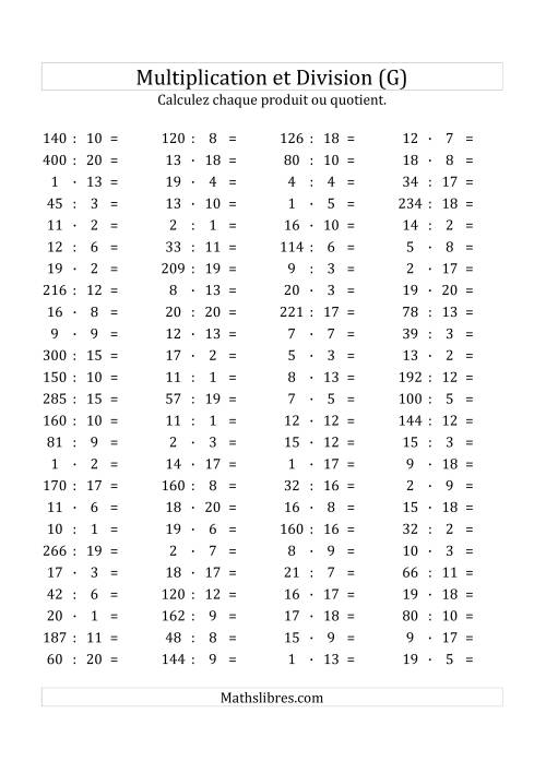 100 Questions sur la Multiplication/Division Horizontale de 1 à 20 (G)