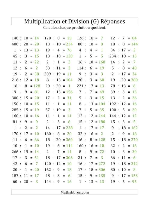 100 Questions sur la Multiplication/Division Horizontale de 1 à 20 (G) page 2