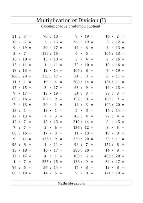 100 Questions sur la Multiplication/Division Horizontale de 1 à 20 (I)