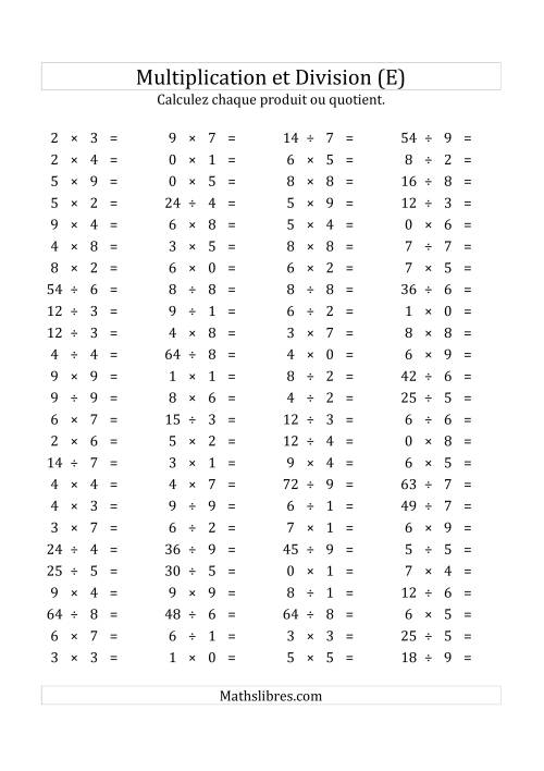 100 Questions sur la Multiplication/Division Horizontale de 0 à 9 (USA & Canada) (E)