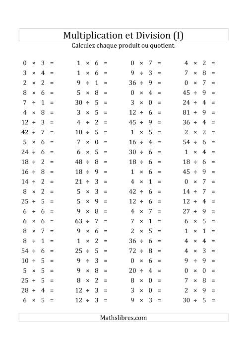 100 Questions sur la Multiplication/Division Horizontale de 0 à 9 (USA & Canada) (I)