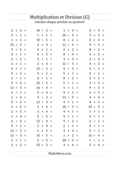 100 Questions sur la Multiplication/Division Horizontale de 1 à 5 (USA & Canada) (G)