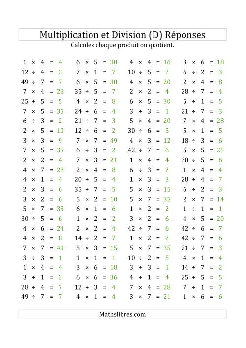 100 Questions sur la Multiplication/Division Horizontale de 1 à 7 (USA & Canada) (D) page 2