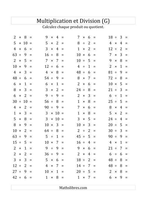 100 Questions sur la Multiplication/Division Horizontale de 1 à 10 (USA & Canada) (G)