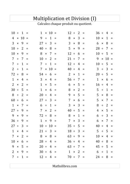 100 Questions sur la Multiplication/Division Horizontale de 1 à 10 (USA & Canada) (I)