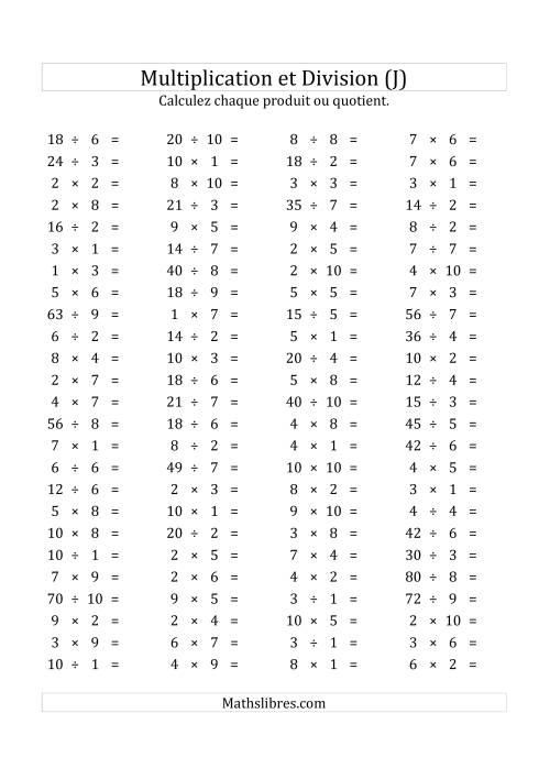 100 Questions sur la Multiplication/Division Horizontale de 1 à 10 (USA & Canada) (J)