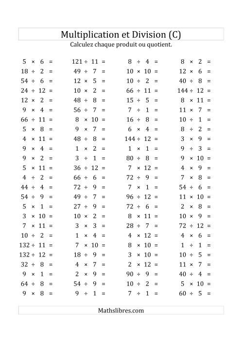 100 Questions sur la Multiplication/Division Horizontale de 1 à 12 (USA & Canada) (C)