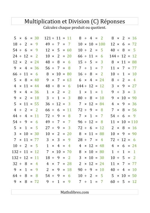 100 Questions sur la Multiplication/Division Horizontale de 1 à 12 (USA & Canada) (C) page 2