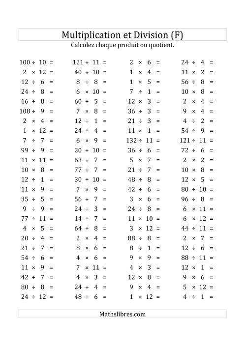 100 Questions sur la Multiplication/Division Horizontale de 1 à 12 (USA & Canada) (F)