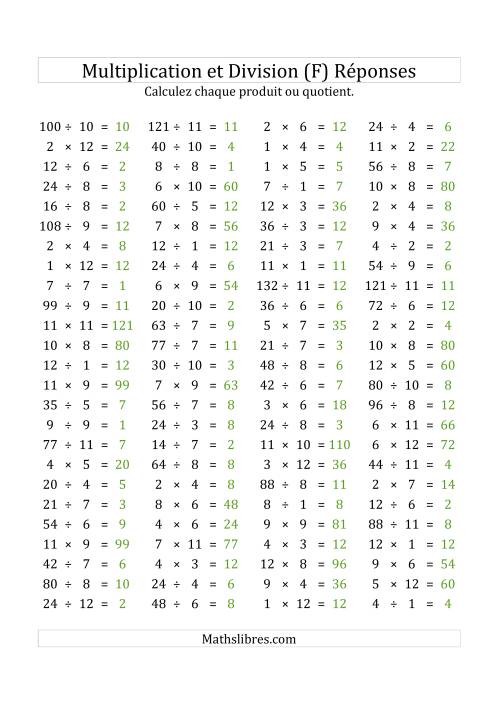100 Questions sur la Multiplication/Division Horizontale de 1 à 12 (USA & Canada) (F) page 2