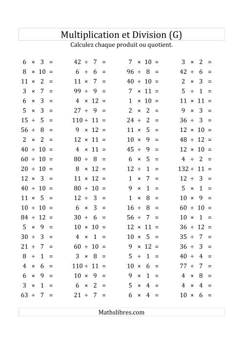 100 Questions sur la Multiplication/Division Horizontale de 1 à 12 (USA & Canada) (G)