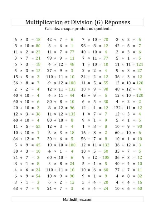 100 Questions sur la Multiplication/Division Horizontale de 1 à 12 (USA & Canada) (G) page 2