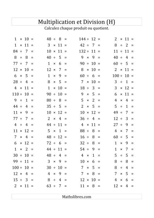 100 Questions sur la Multiplication/Division Horizontale de 1 à 12 (USA & Canada) (H)