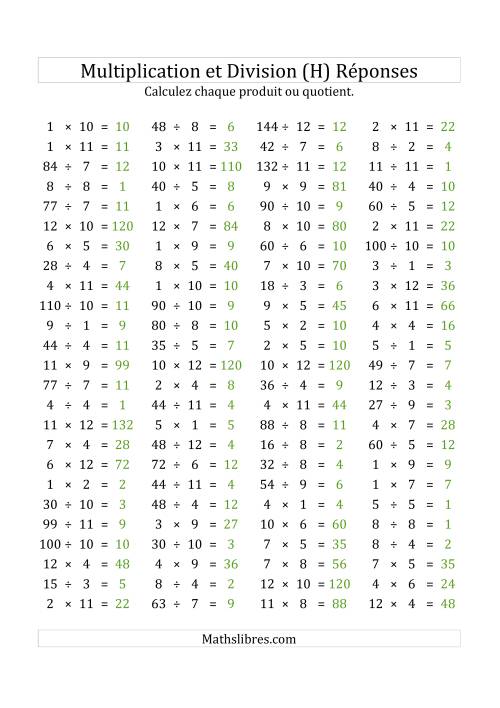 100 Questions sur la Multiplication/Division Horizontale de 1 à 12 (USA & Canada) (H) page 2