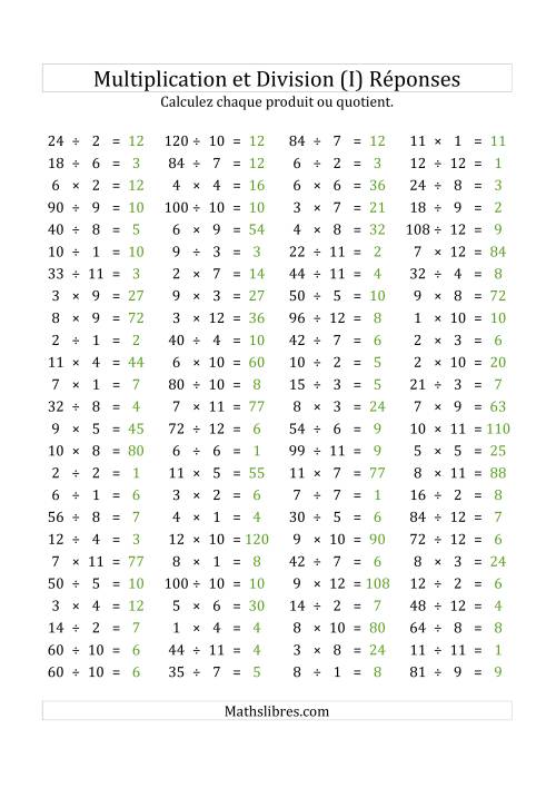 100 Questions sur la Multiplication/Division Horizontale de 1 à 12 (USA & Canada) (I) page 2