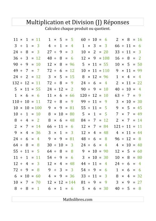 100 Questions sur la Multiplication/Division Horizontale de 1 à 12 (USA & Canada) (J) page 2
