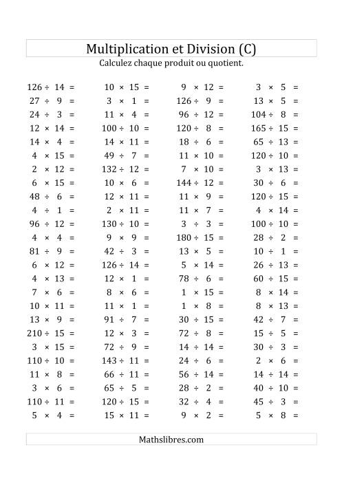 100 Questions sur la Multiplication/Division Horizontale de 1 à 15 (USA & Canada) (C)