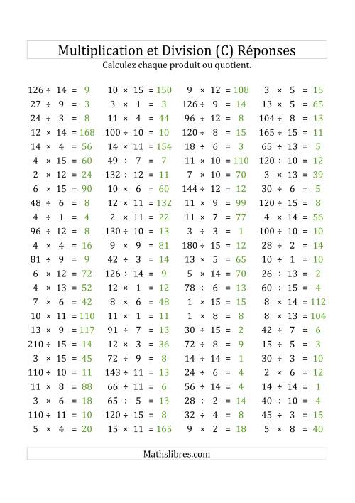 100 Questions sur la Multiplication/Division Horizontale de 1 à 15 (USA & Canada) (C) page 2