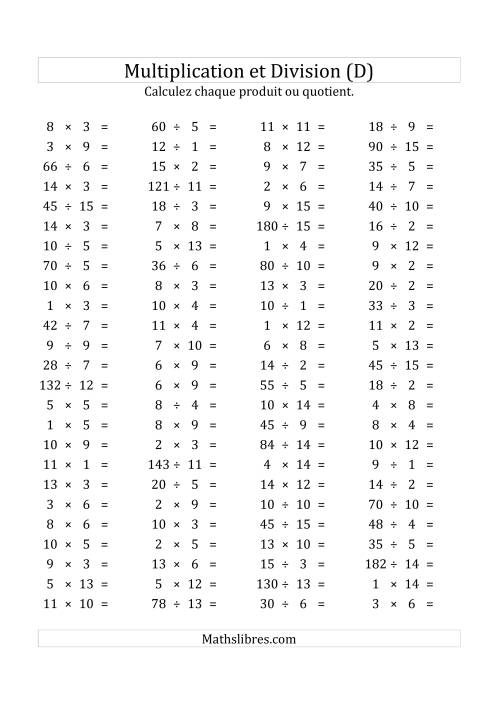 100 Questions sur la Multiplication/Division Horizontale de 1 à 15 (USA & Canada) (D)