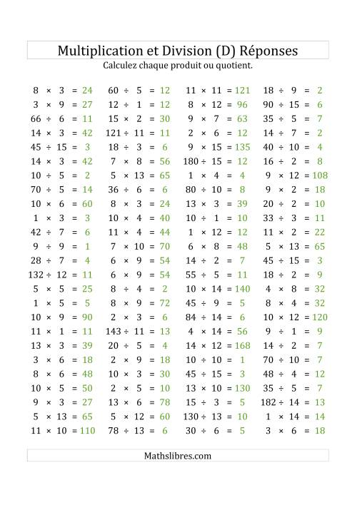 100 Questions sur la Multiplication/Division Horizontale de 1 à 15 (USA & Canada) (D) page 2