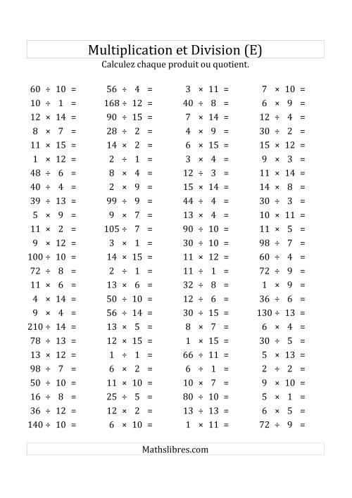 100 Questions sur la Multiplication/Division Horizontale de 1 à 15 (USA & Canada) (E)