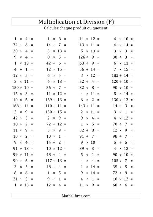 100 Questions sur la Multiplication/Division Horizontale de 1 à 15 (USA & Canada) (F)