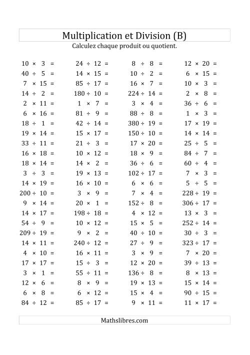 100 Questions sur la Multiplication/Division Horizontale de 1 à 20 (USA & Canada) (B)