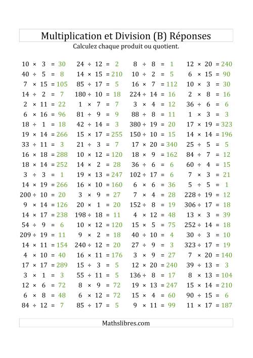 100 Questions sur la Multiplication/Division Horizontale de 1 à 20 (USA & Canada) (B) page 2