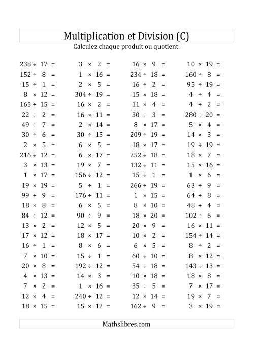100 Questions sur la Multiplication/Division Horizontale de 1 à 20 (USA & Canada) (C)
