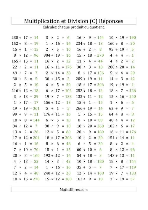 100 Questions sur la Multiplication/Division Horizontale de 1 à 20 (USA & Canada) (C) page 2