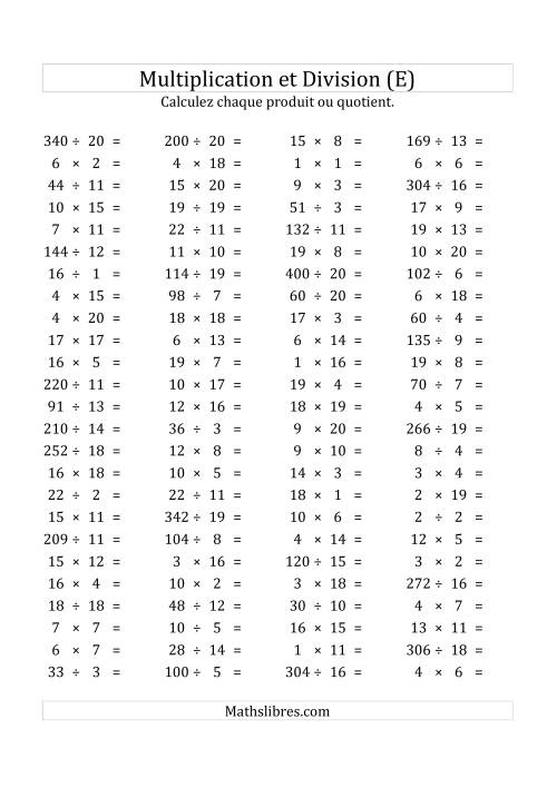 100 Questions sur la Multiplication/Division Horizontale de 1 à 20 (USA & Canada) (E)