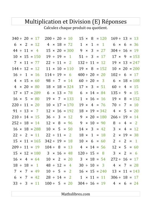 100 Questions sur la Multiplication/Division Horizontale de 1 à 20 (USA & Canada) (E) page 2