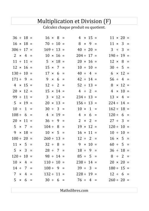 100 Questions sur la Multiplication/Division Horizontale de 1 à 20 (USA & Canada) (F)