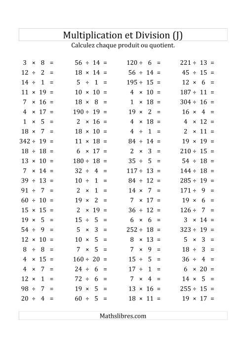 100 Questions sur la Multiplication/Division Horizontale de 1 à 20 (USA & Canada) (J)