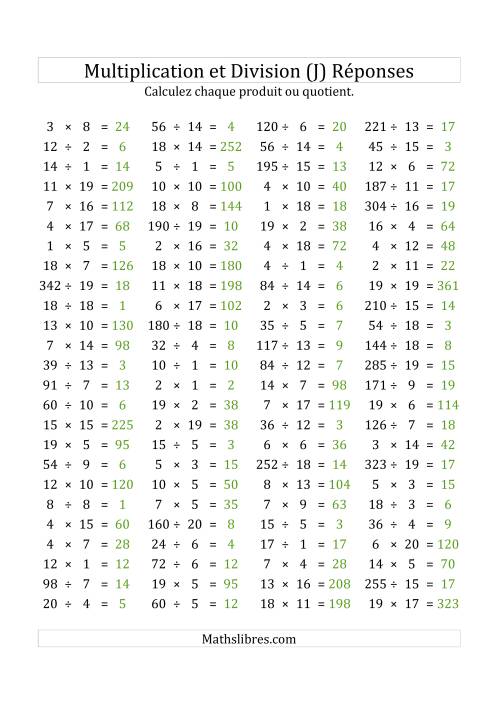 100 Questions sur la Multiplication/Division Horizontale de 1 à 20 (USA & Canada) (J) page 2