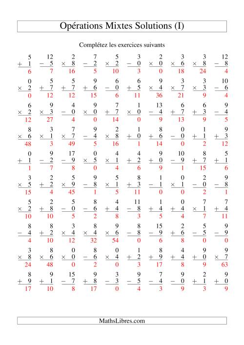 Addition, Soustraction et Multiplication -- Variation 0 à 9 (I) page 2