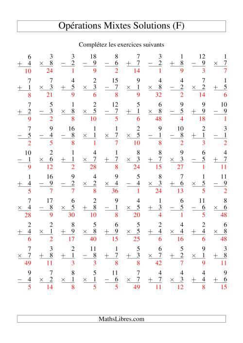 Addition, Soustraction et Multiplication -- Variation 1 à 9 (F) page 2