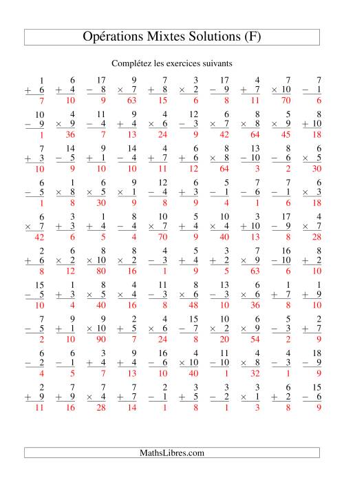 Addition, Soustraction et Multiplication -- Variation 1 à 10 (F) page 2