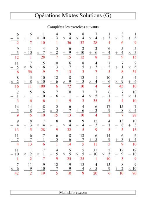 Addition, Soustraction et Multiplication -- Variation 1 à 10 (G) page 2