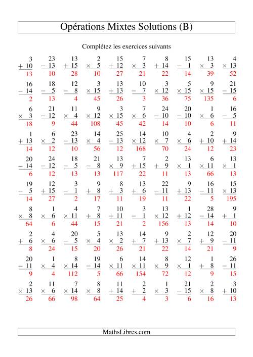 Addition, Soustraction et Multiplication -- Variation 1 à 15 (B) page 2