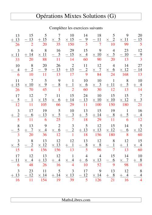 Addition, Soustraction et Multiplication -- Variation 1 à 15 (G) page 2