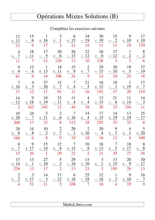 Addition, Soustraction et Multiplication -- Variation 1 à 20 (B) page 2