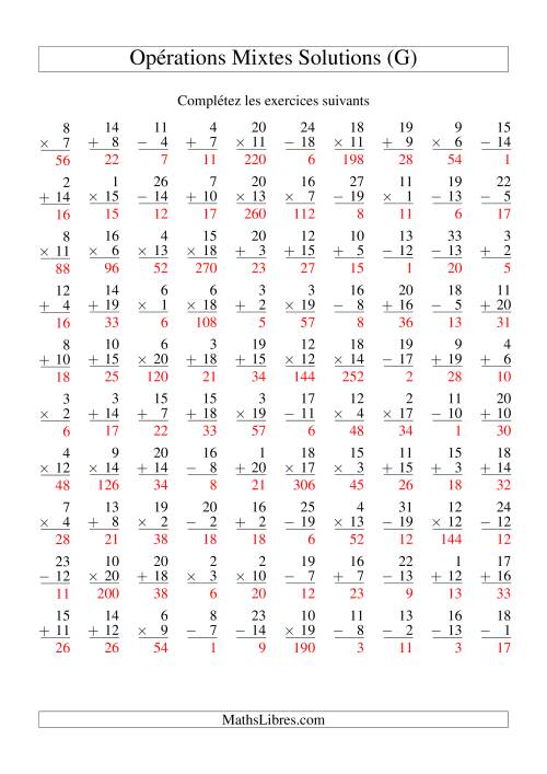 Addition, Soustraction et Multiplication -- Variation 1 à 20 (G) page 2