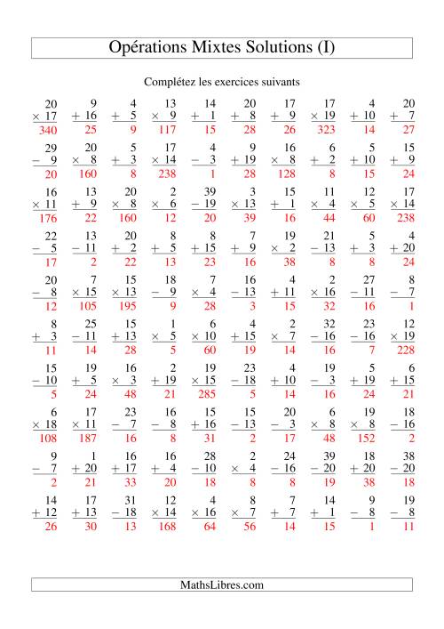 Addition, Soustraction et Multiplication -- Variation 1 à 20 (I) page 2