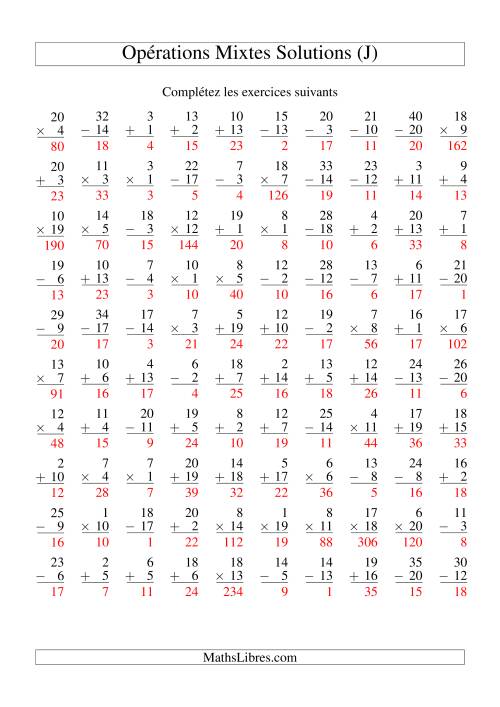 Addition, Soustraction et Multiplication -- Variation 1 à 20 (J) page 2