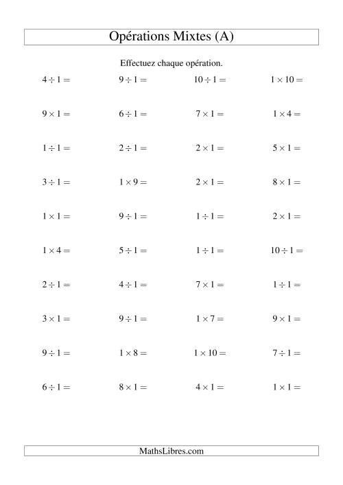 Multiplication et division -- Règles de 1 (variation 1 à 10) (A)