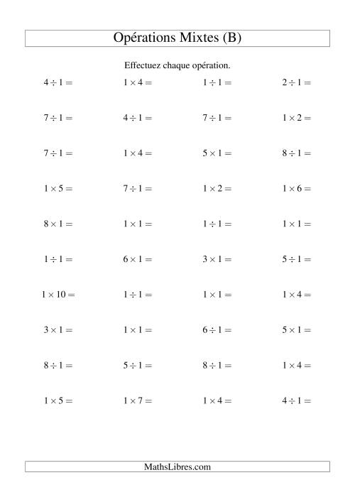 Multiplication et division -- Règles de 1 (variation 1 à 10) (B)