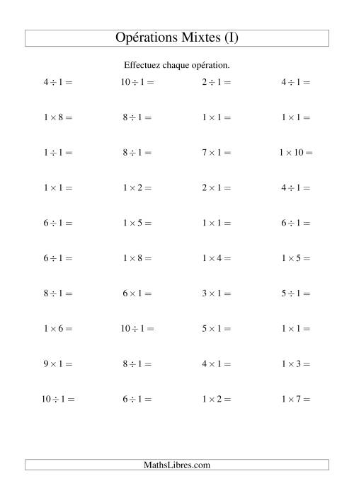 Multiplication et division -- Règles de 1 (variation 1 à 10) (I)